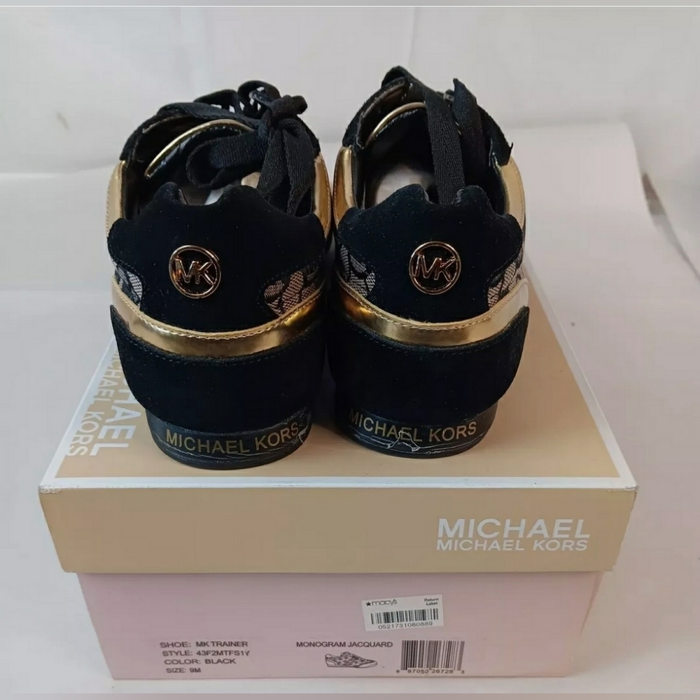 NEW Michael Kors Black And Gold Logo Monogram Jacquared Sneakers Women's 9 M - Picture 5 of 7